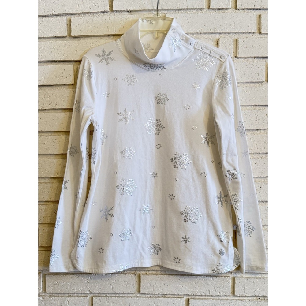 T by Talbots Sz XS Top Mock Snap Turtleneck Long Sleeve White Silver Snowflakes